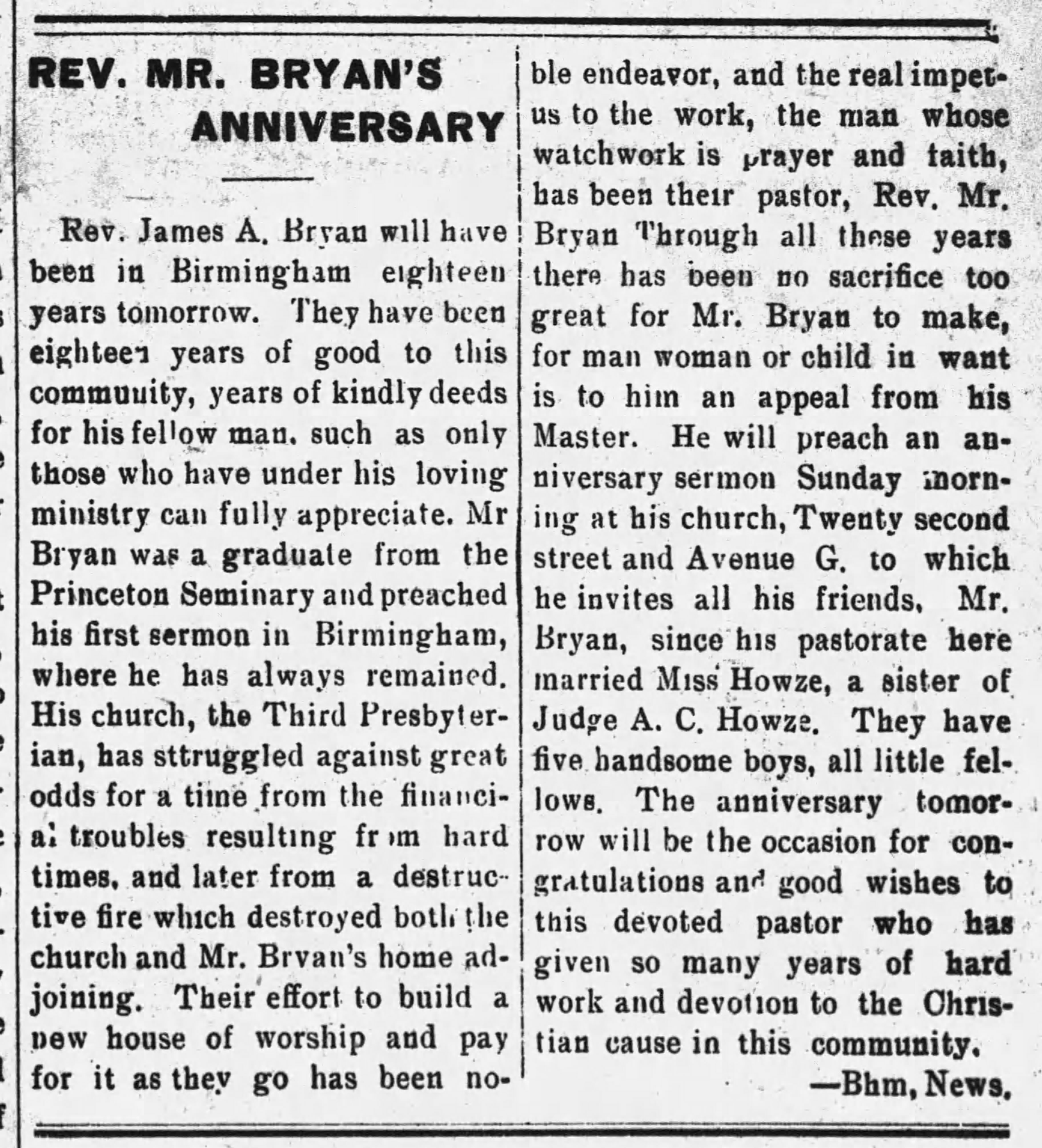 Rev. Mr. Bryan's Anniversary